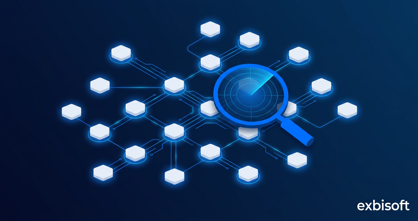 Abstract network of interconnected AI agent nodes discovering each other across a federated registry