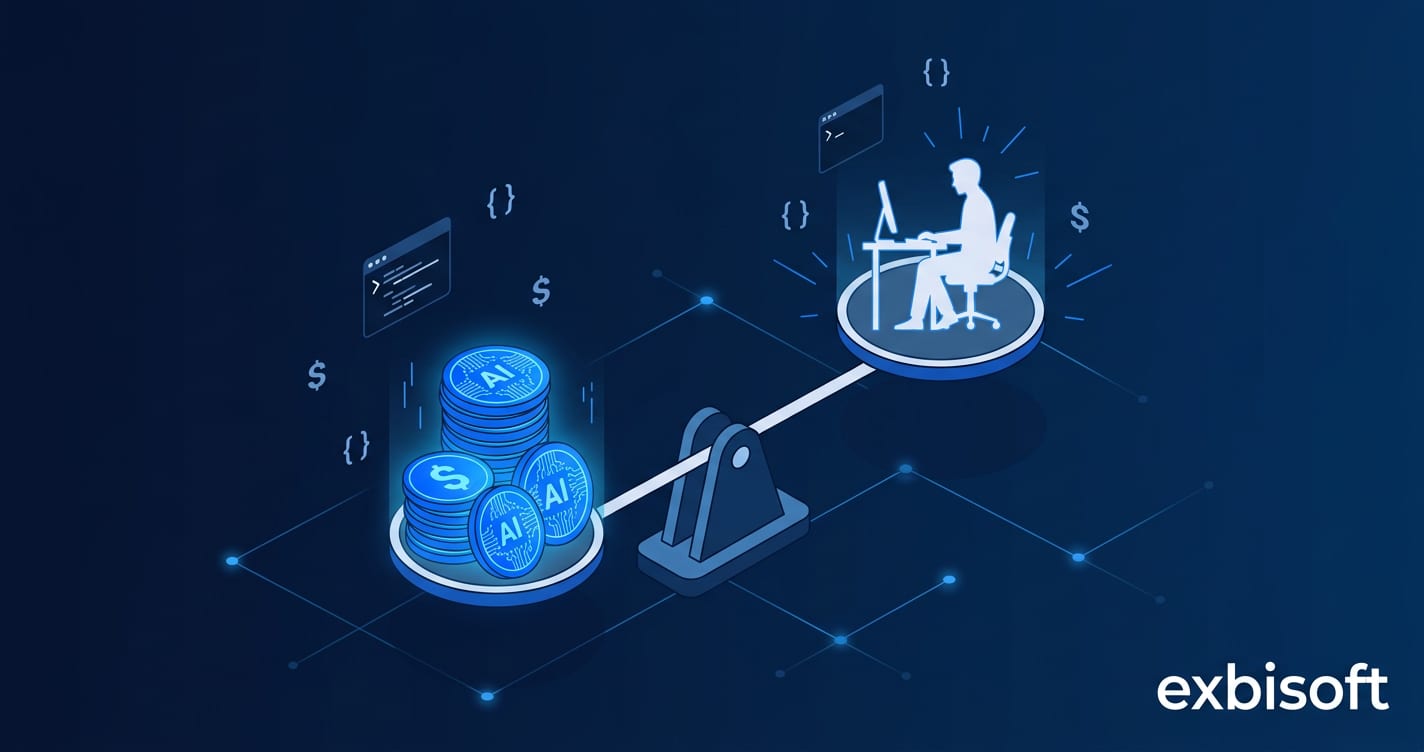 Isometric illustration of a balance scale weighing AI token costs against human developer value