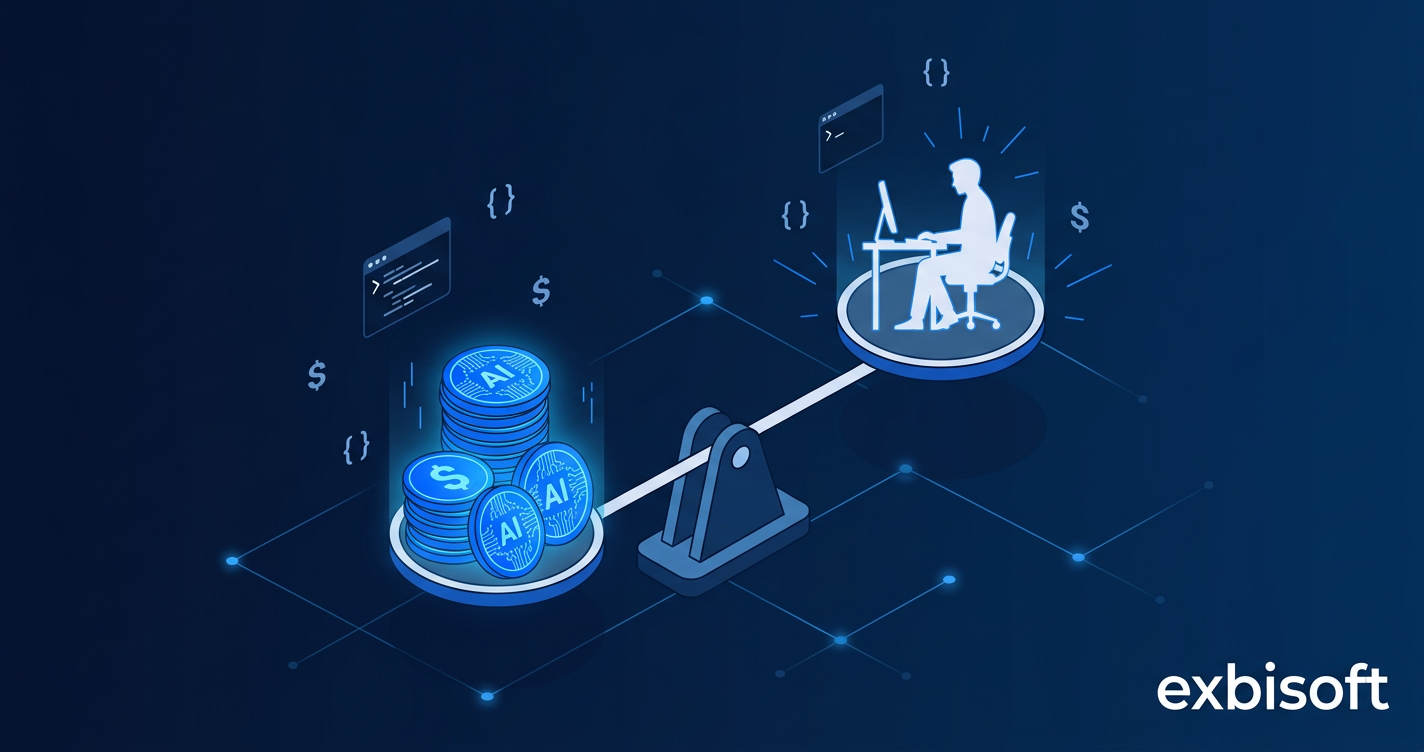 Isometric illustration of a balance scale weighing AI token costs against human developer value