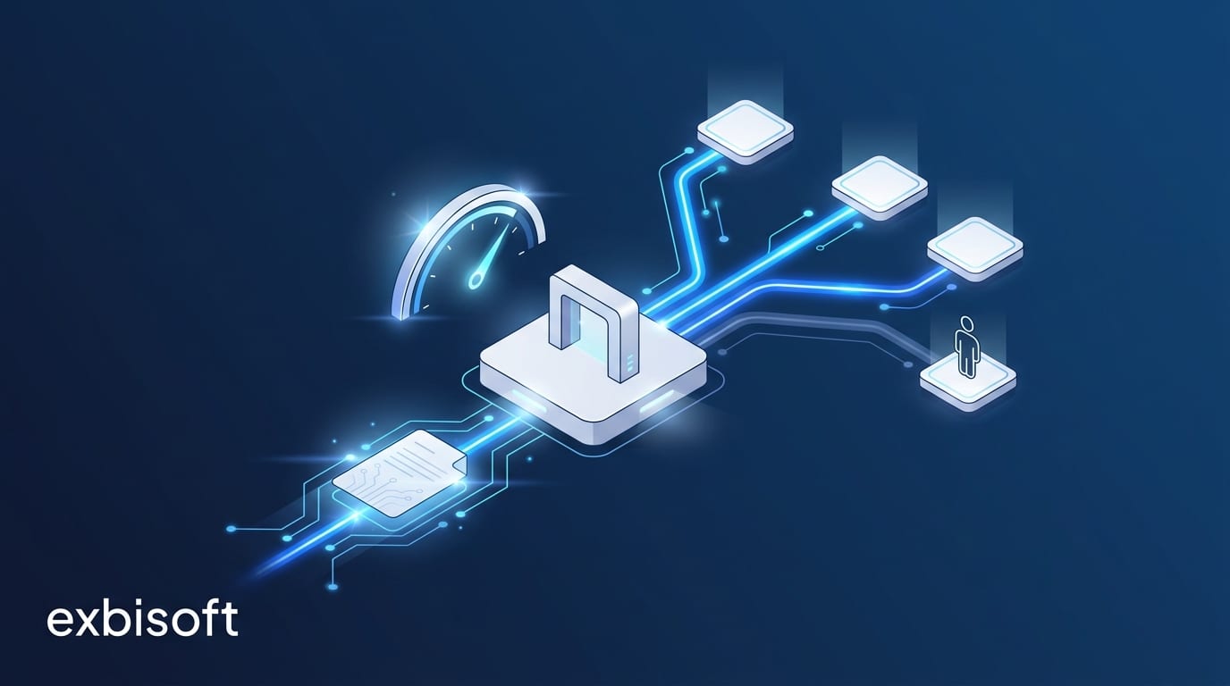 Isometric illustration of a document card arriving at a small gate on a white platform. Behind the gate the path splits into three bright lanes and a fourth, dimmer lane that ends at a small person icon. A glowing dial beside the gate shows a high confidence level.