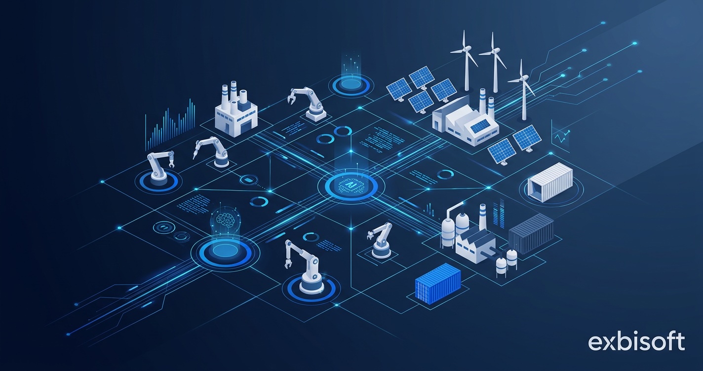 Industrial machinery on a production floor with digital data overlay representing AI-driven monitoring