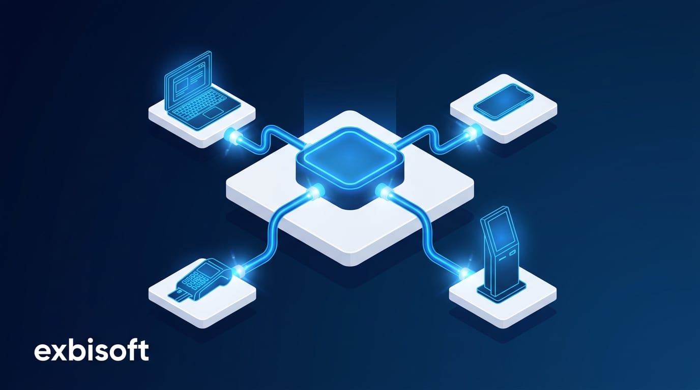 Isometric illustration of one API platform with several unrelated systems connected to it, each depending on the same stable interface