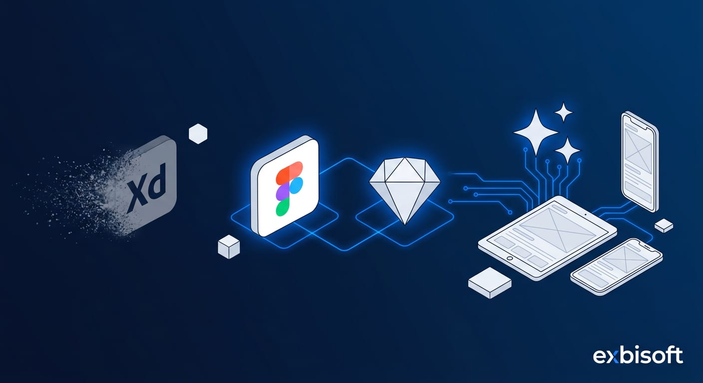 Isometric illustration of Apple design tools transitioning from traditional to AI-powered workflows