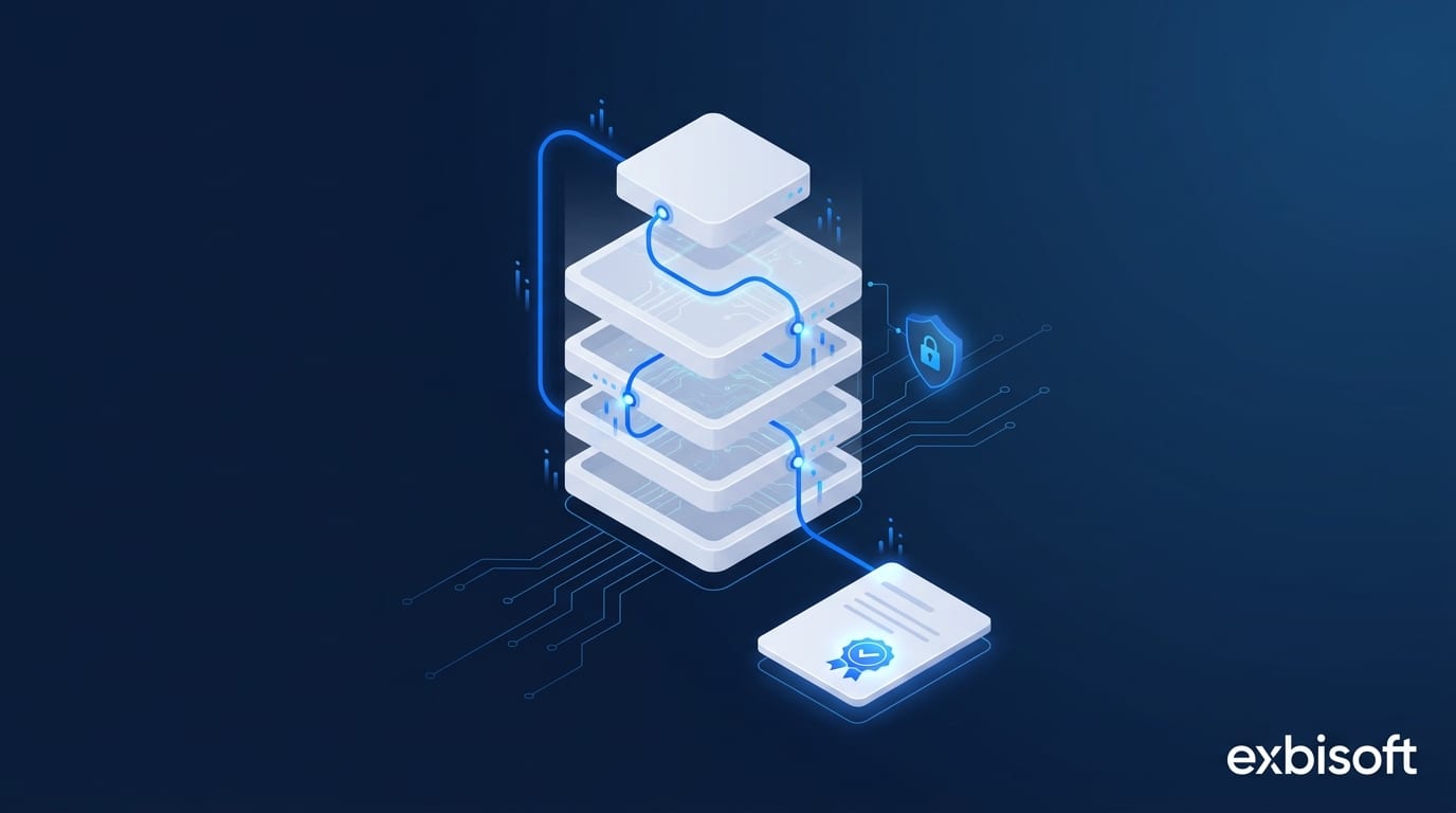 Isometric illustration of a software system with a visible traceability chain running through it, ending in a verified record