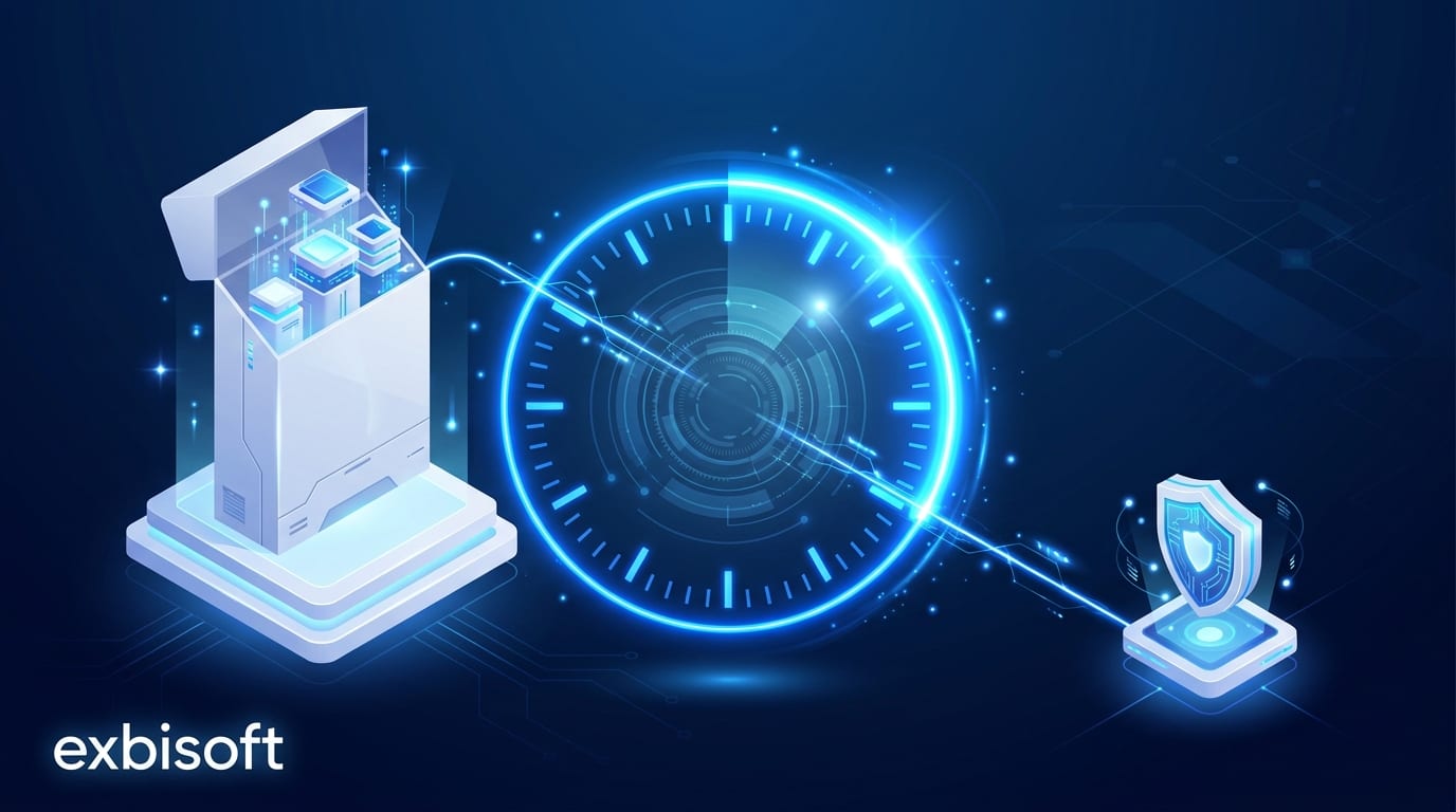 Isometric illustration of a software package on a white platform with a glowing circular 24-hour dial beside it, connected by one line to a small shield-shaped block that stands for the reporting authority