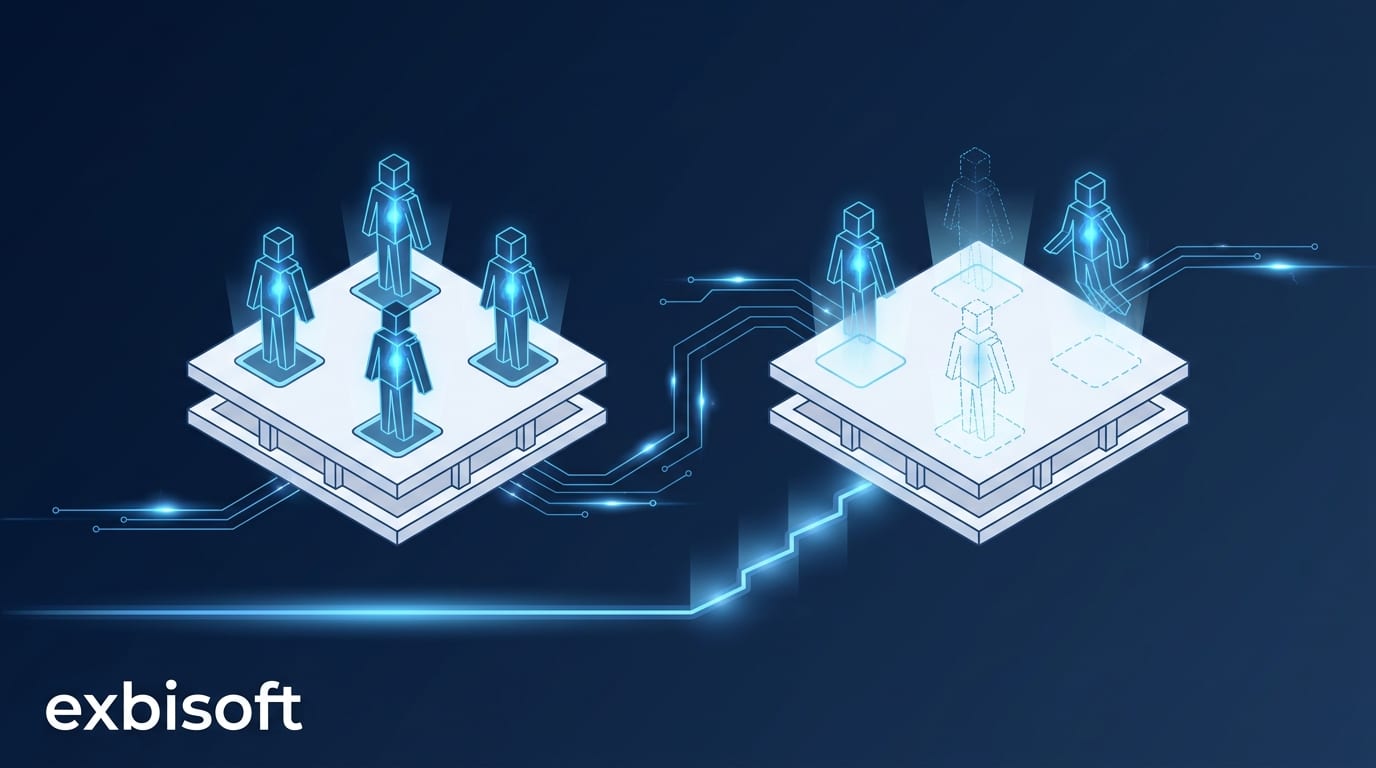 Isometric illustration comparing a stable team platform against a platform whose figures keep being replaced, with a cost curve rising behind it