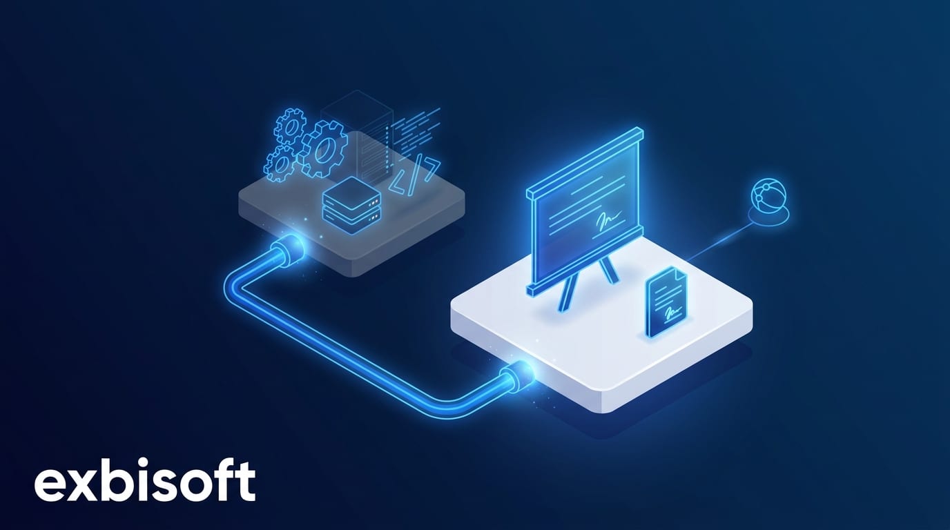 Isometric illustration of a consultancy platform facing a client, with a second delivery platform working behind it, connected but out of view