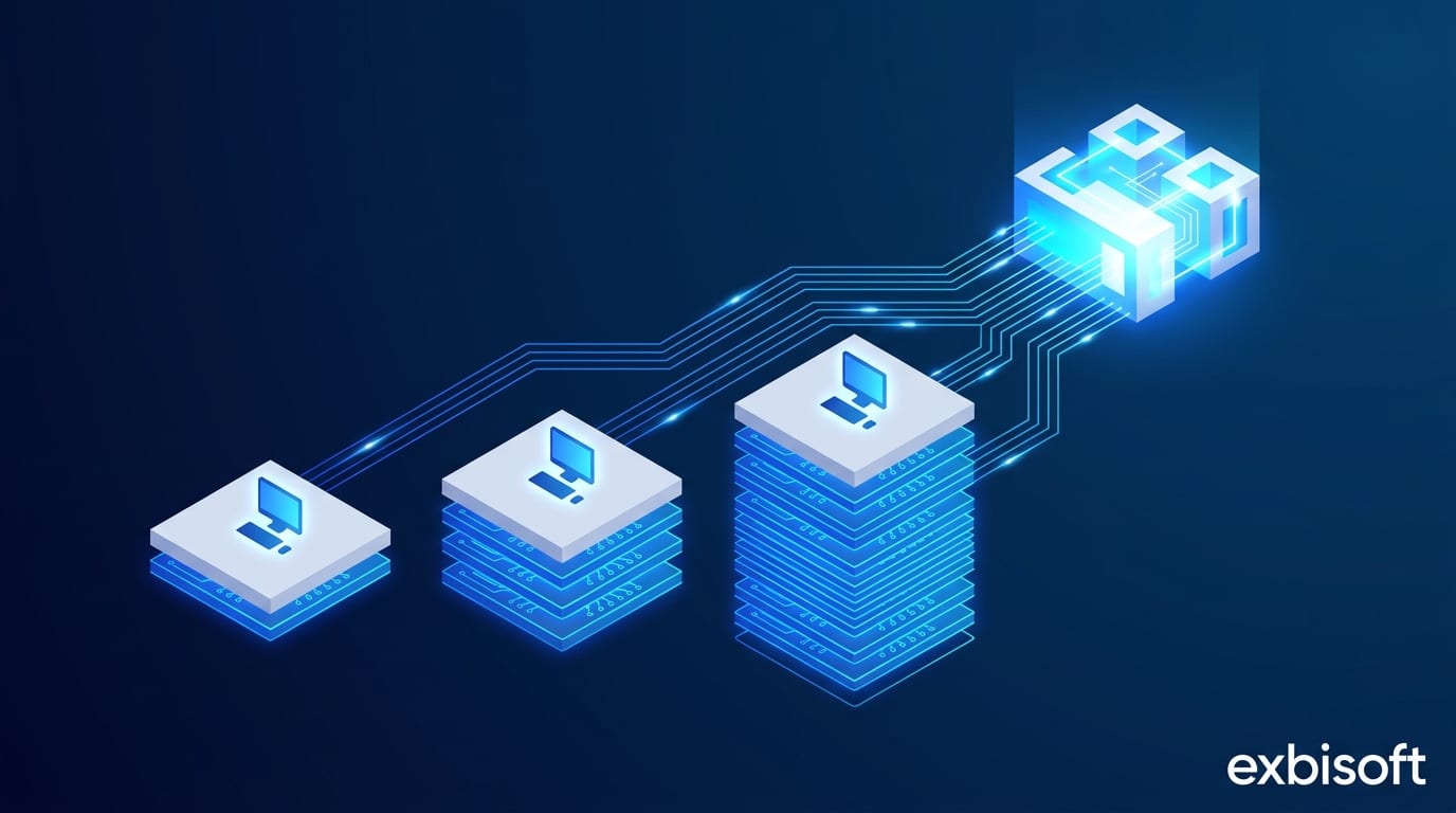 Isometric illustration of a team platform whose accumulated knowledge layers grow taller over time, connected into a product system