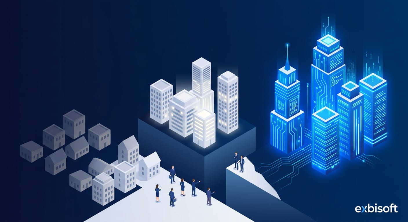 Isometric illustration of European businesses at different stages of AI adoption