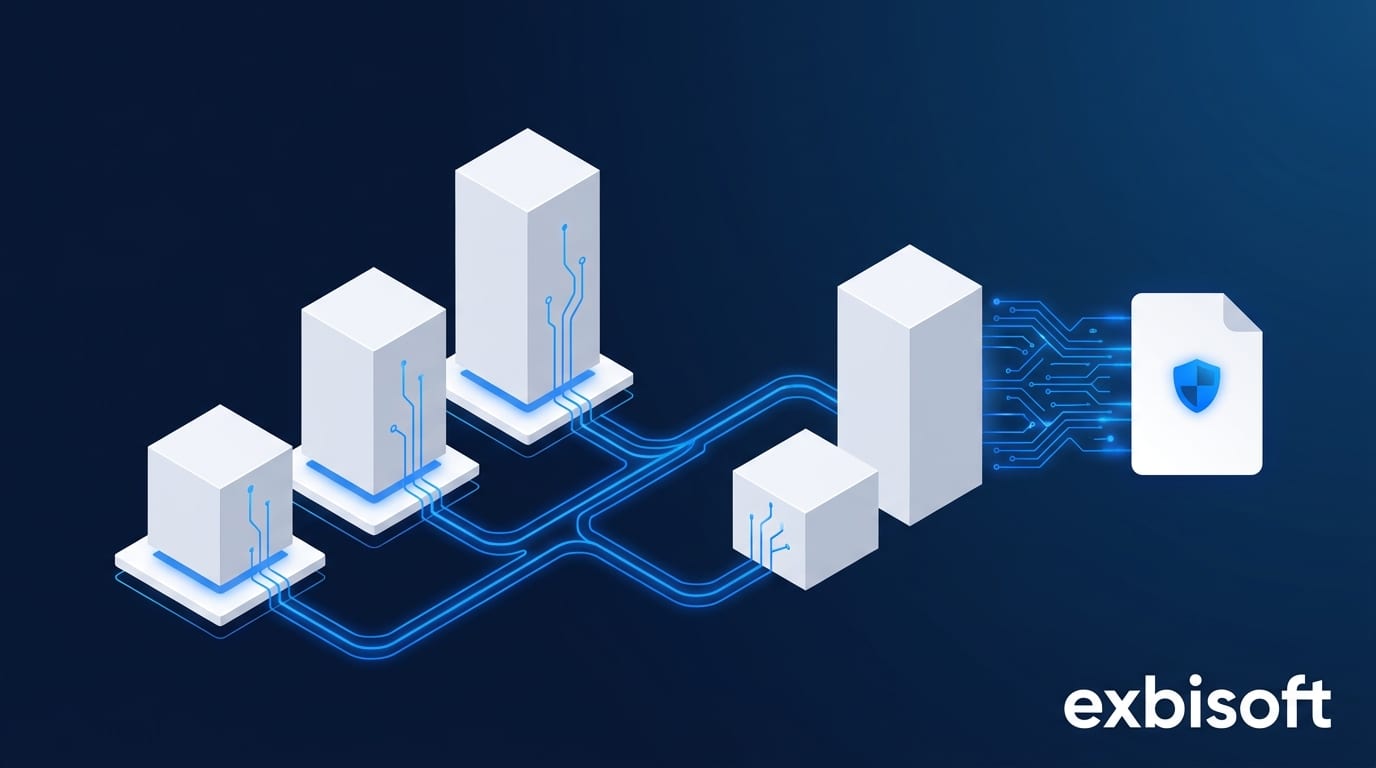 Isometric illustration of three classification blocks consolidating into two process levels, connected to a software lifecycle