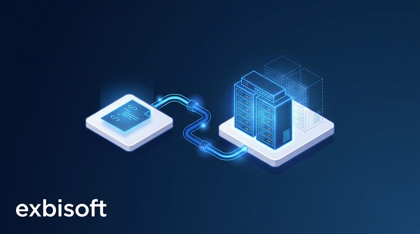 Isometric illustration of a small server environment being rebuilt from a code definition, with a second identical environment forming beside it