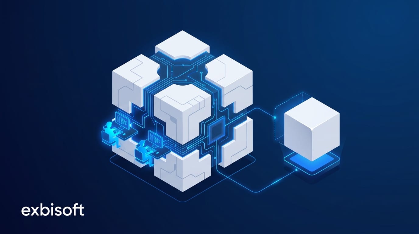 Isometric illustration of a product core with an embedded team on one side and a cleanly separated module being handed to a partner on the other