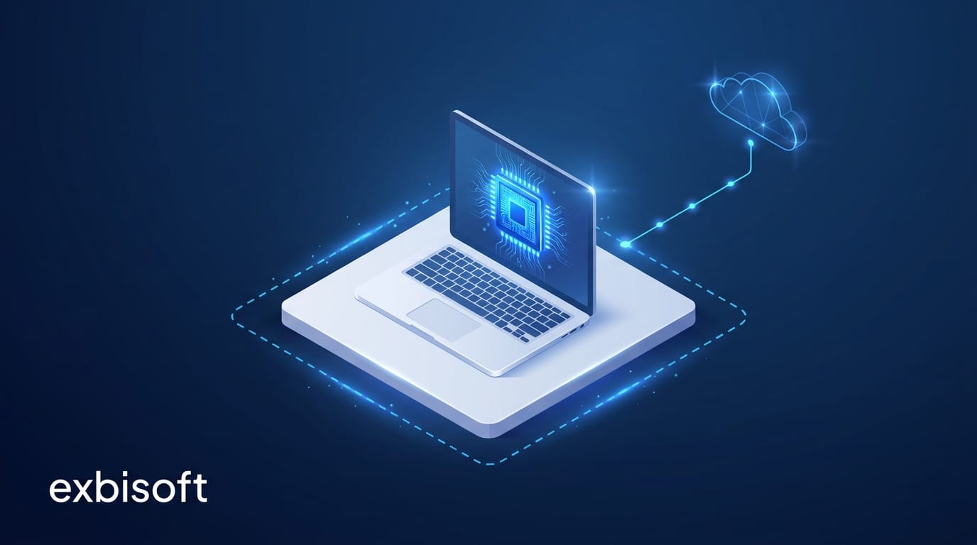 Isometric illustration of an open laptop with a glowing chip inside a dashed boundary on a white platform, with one thin blue line still leaving the boundary and rising towards a small cloud shape above