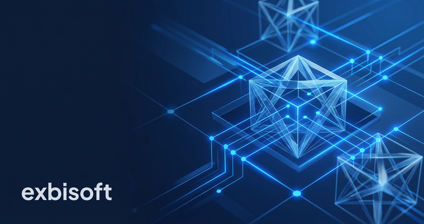 Abstract quantum computing visualization — interconnected geometric nodes on a dark blue circuit background