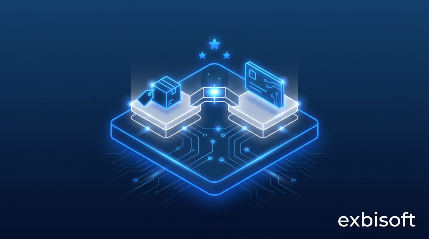 Isometric illustration of two facing platforms, one holding a product box and one a glowing offer card, joined by a bridge with rating stars above, all standing on one solid foundation slab