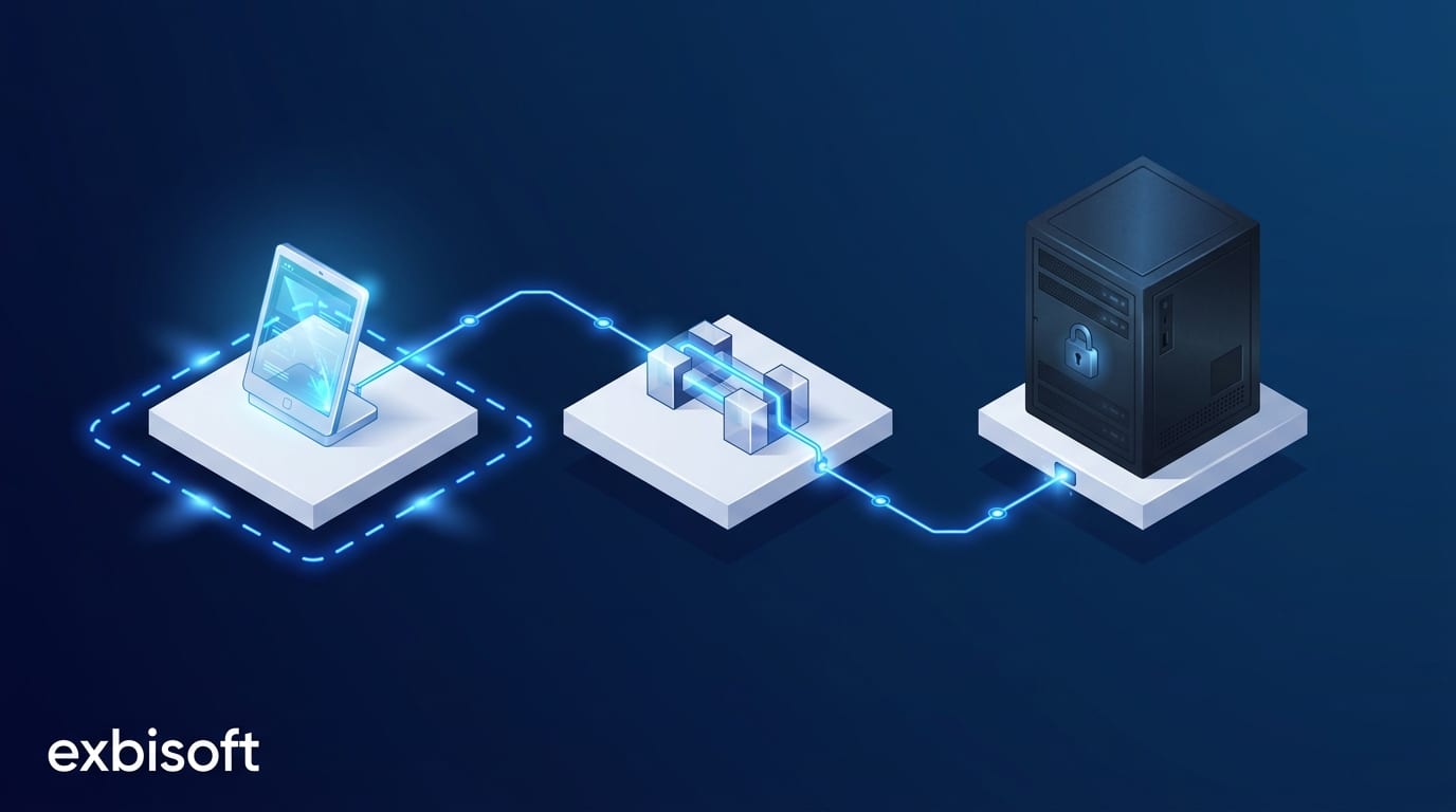 Isometric illustration of a tablet on a small platform inside a glowing outlined boundary, joined by one clean connector to a small bridge block and on to a large server block that stays dim and untouched