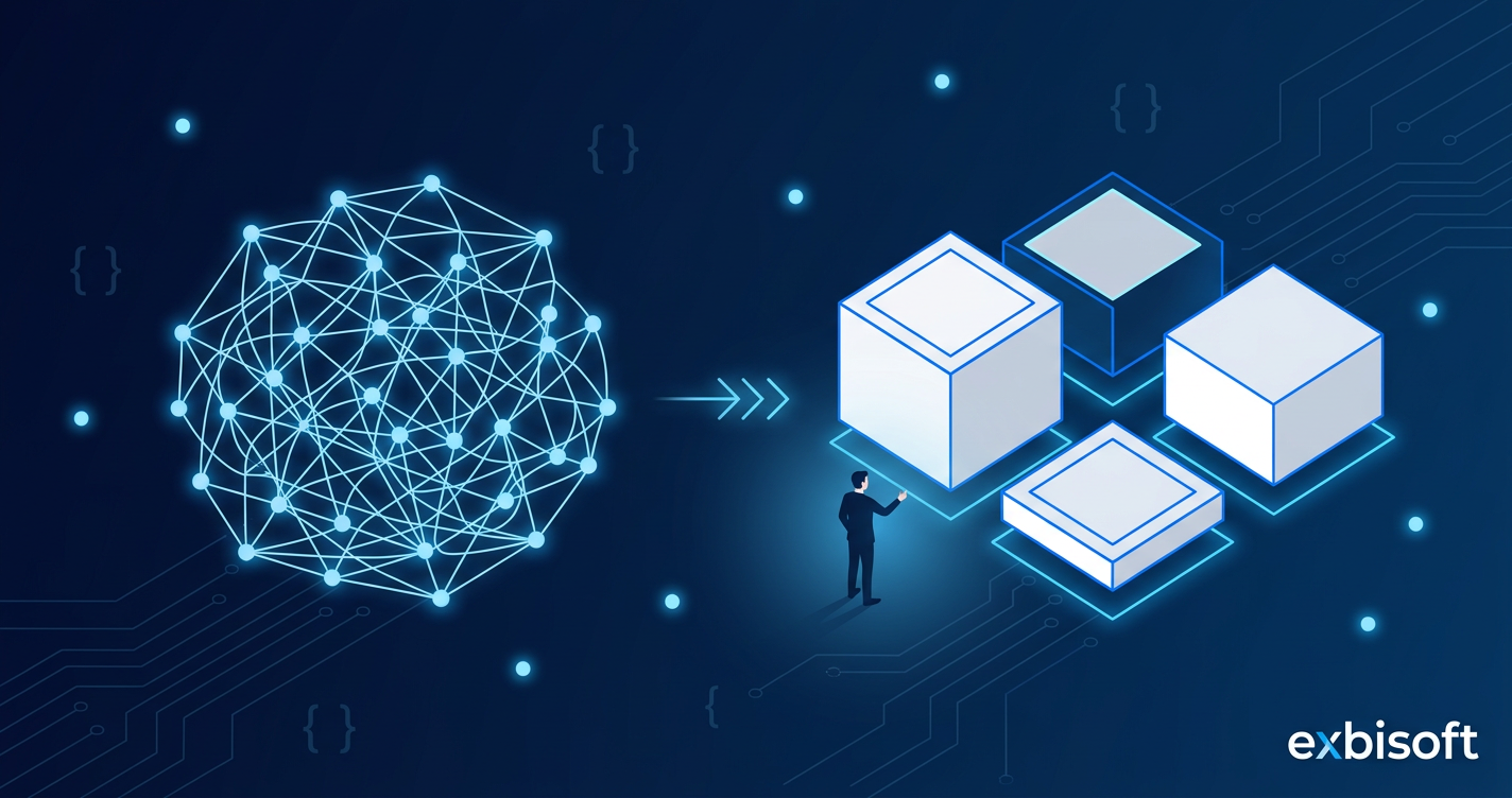 Isometric illustration of a complex problem being decomposed into clear, solvable components