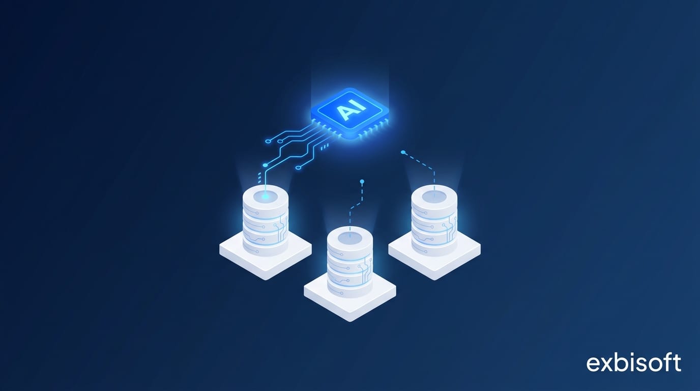 Isometric illustration of a glowing AI chip above three database cylinders, only one of which is connected to it