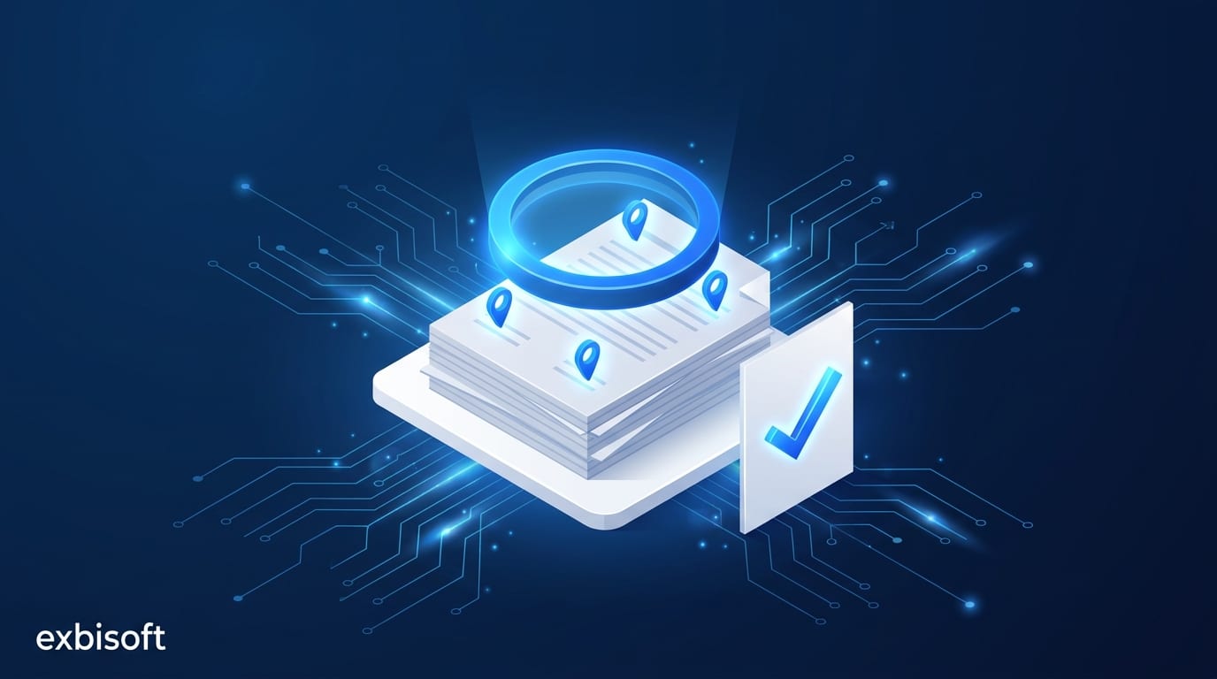 Isometric illustration of a thick proposal document under a glowing magnifying lens, with five glowing markers on it and a short assessment sheet with a checkmark beside it