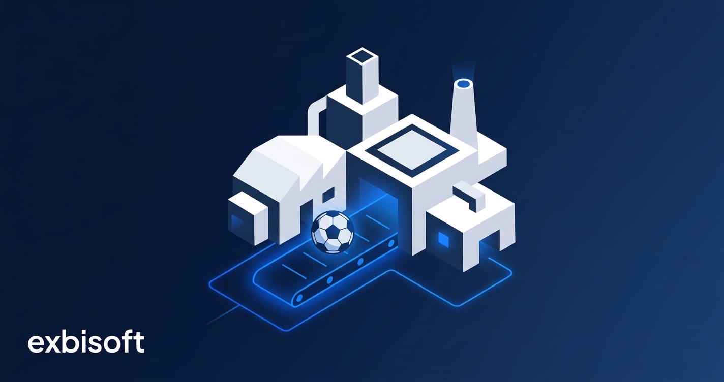 Abstract isometric illustration of a factory silhouette with a football emerging along a glowing circuit line