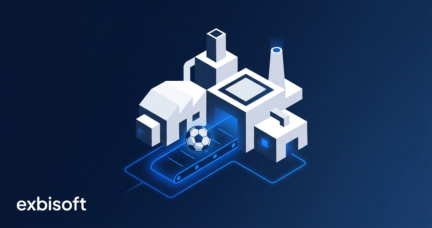 Abstract isometric illustration of a factory silhouette with a football emerging along a glowing circuit line