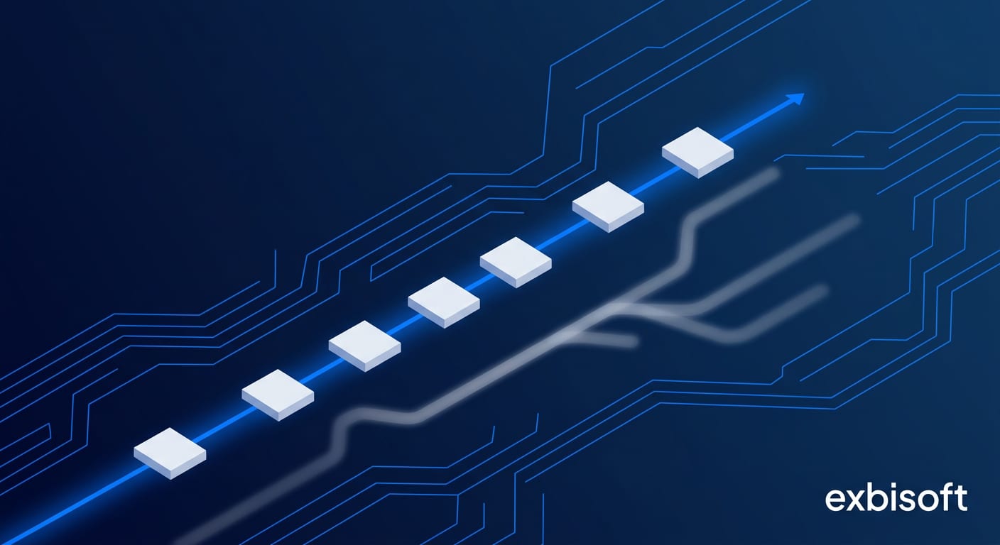 Isometric illustration of a single deterministic code path glowing blue against a blurred, ambiguous branching path