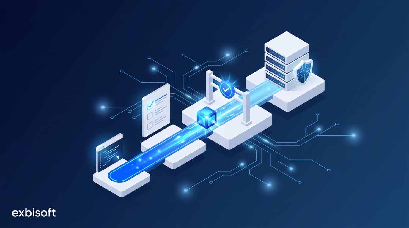 Isometric illustration of a glowing cube travelling along a track from a code window past a test checklist, stopped at a raised gate with a checkmark just before a production server