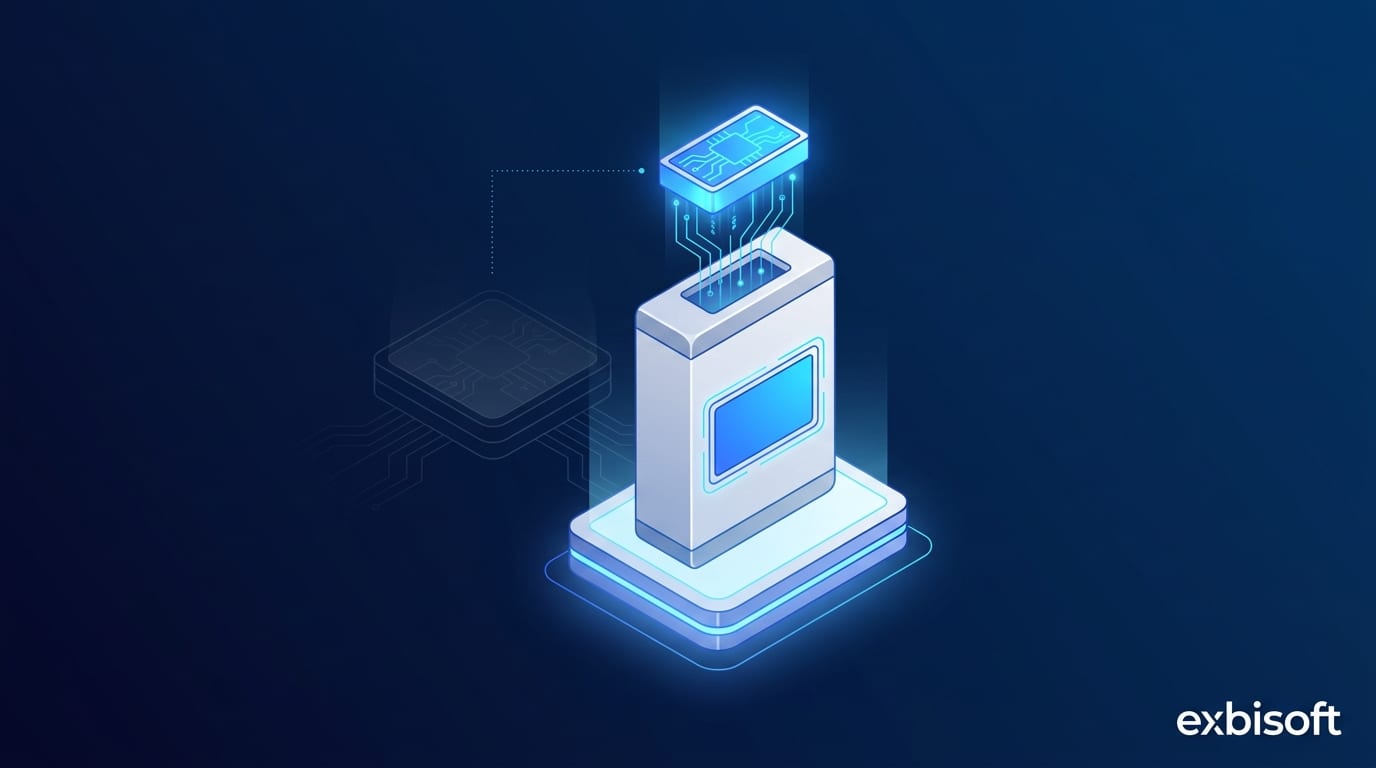 Isometric illustration of a software module being seamlessly fitted into a branded product box, with the builder invisible behind it