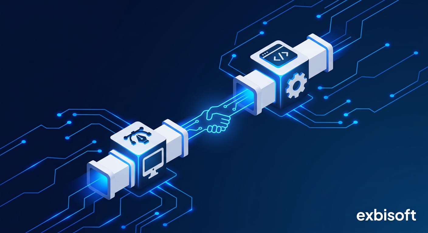 Isometric illustration of two connected delivery pipelines representing an agency and its white-label engineering partner