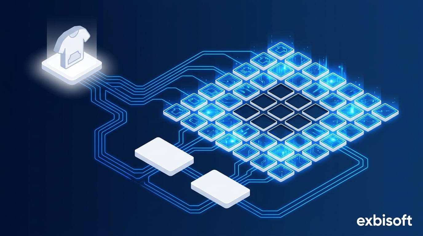 Isometric illustration of a single product expanding into a large grid of size and colour variants, connected to inventory systems