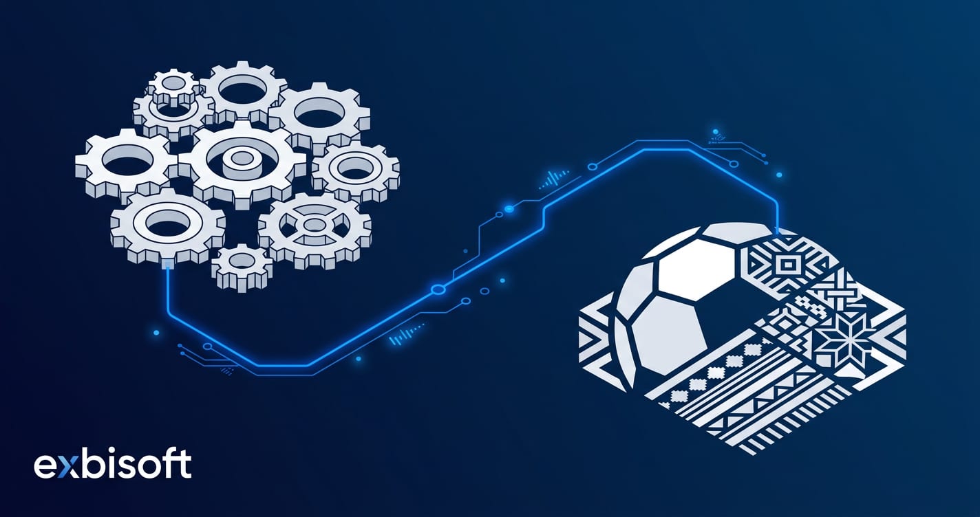 Abstract isometric illustration of two geometric motifs connected by a glowing circuit line, symbolizing Germany and Pakistan