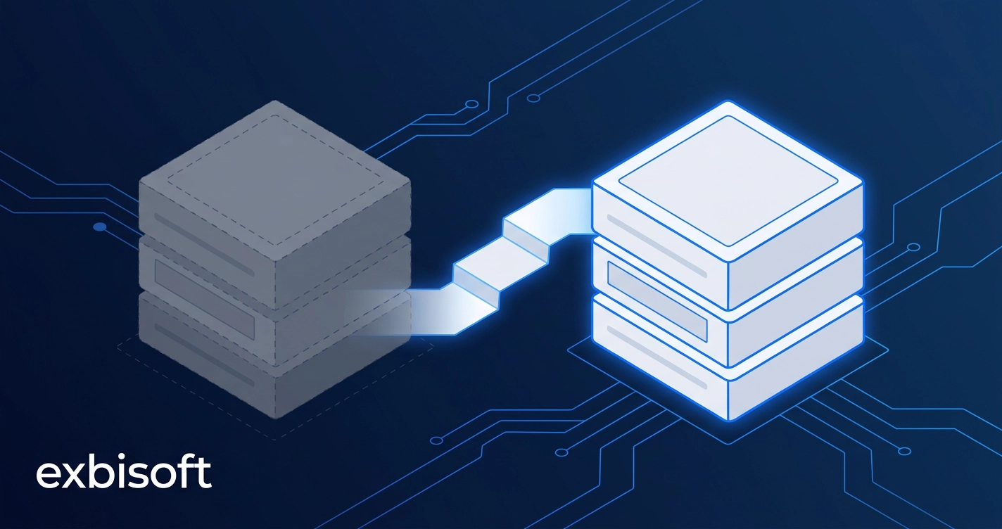 Isometric illustration of a legacy application being incrementally rebuilt