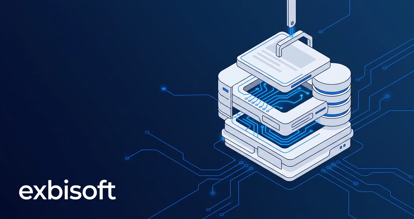 Isometric illustration of custom backend systems and data architecture being assembled
