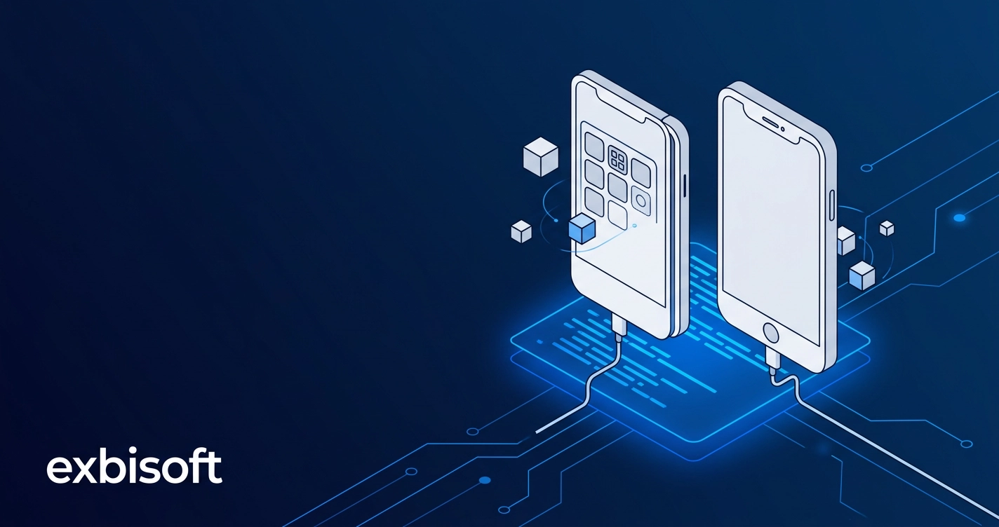 Isometric illustration of native and cross-platform mobile app screens