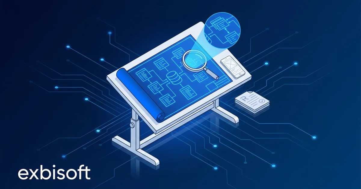 Isometric illustration of a system blueprint under a magnifying lens, next to a prototype and a written report