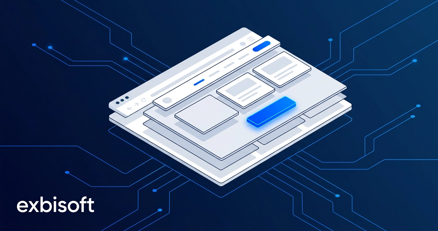 Isometric illustration of a web application interface being constructed from layered panels