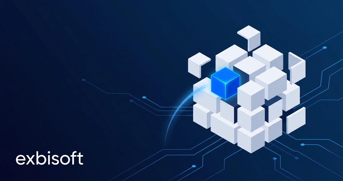 Isometric illustration of a startup product being assembled from modular blocks